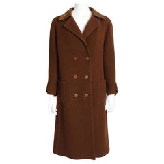 Hermes Brown Double Breasted Suede Leather Trim Trench Style Wool Coat, 1970s