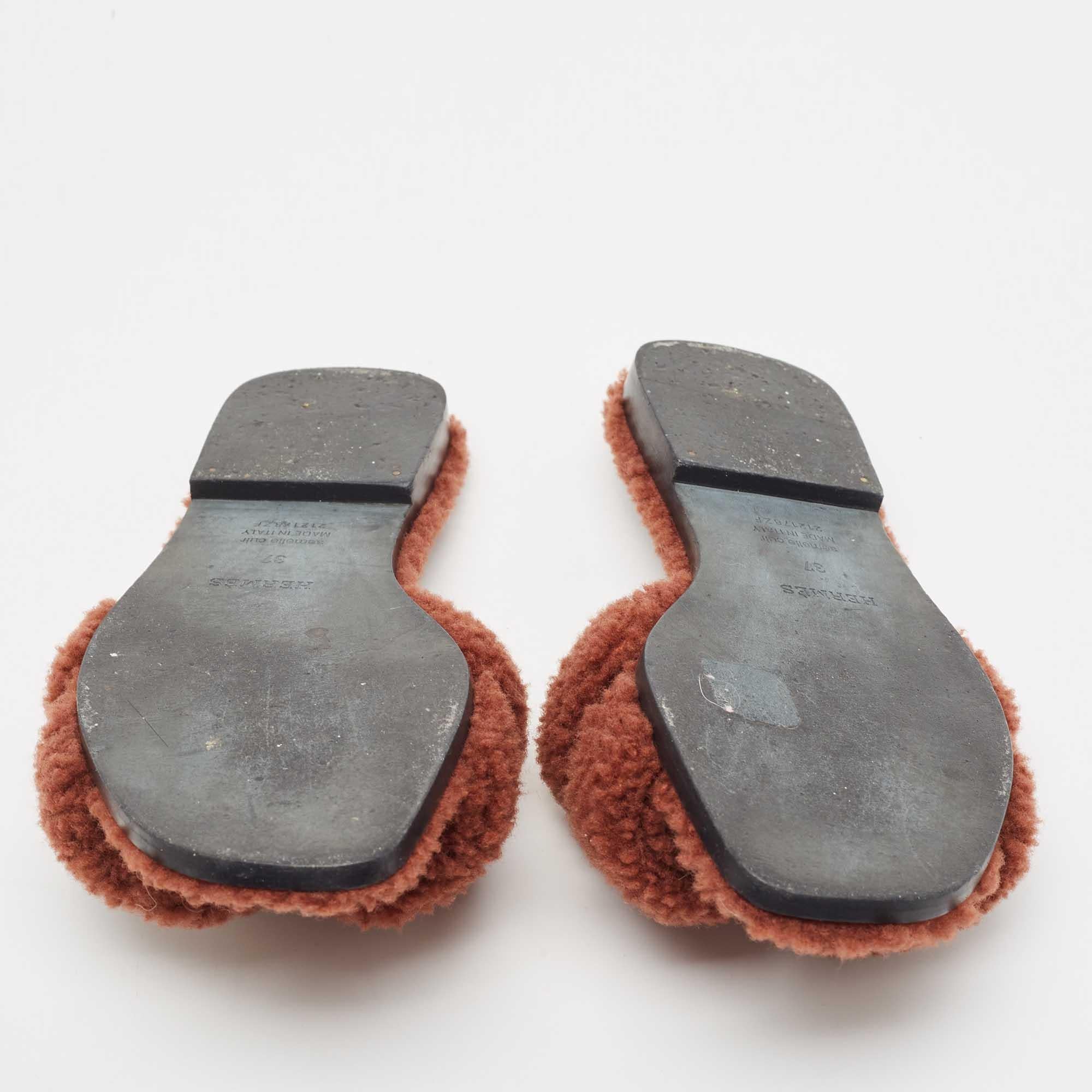 Hermes Brown Fur Oran Flat Slides Size 37 2