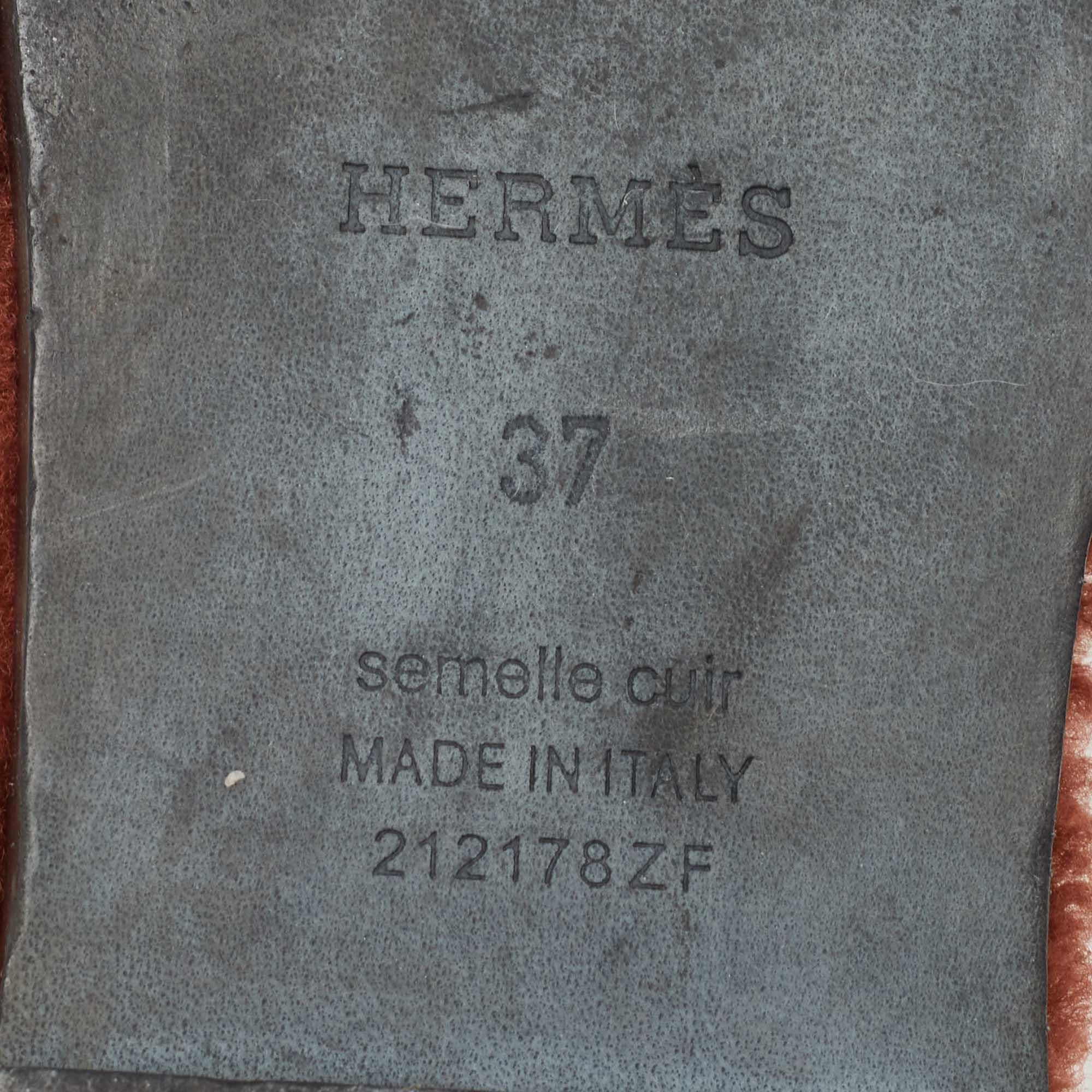 Hermes Brown Fur Oran Flat Slides Size 37 4