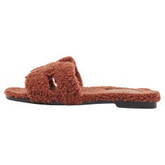 Used Hermes Brown Fur Oran Flat Slides Size 37