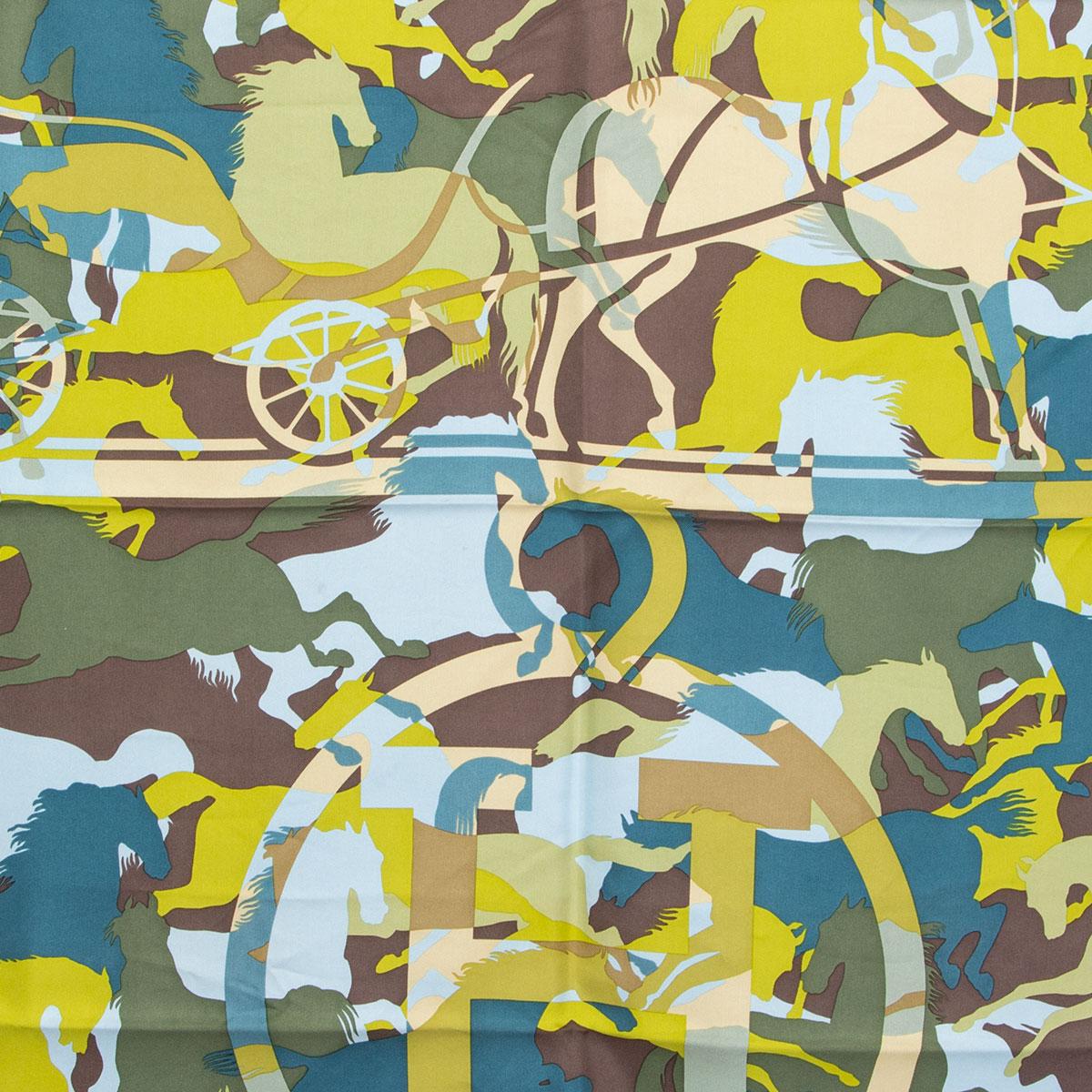 100% authentic Hermes 'Ex Libris en Caouflage 90' scarf by Benoit Pierre Emery in dark brown silk twill (100%) with contrasting light blue hem and details in light blue, petrol, dark and light green, chartreuse and pale yellow. Has been worn with
