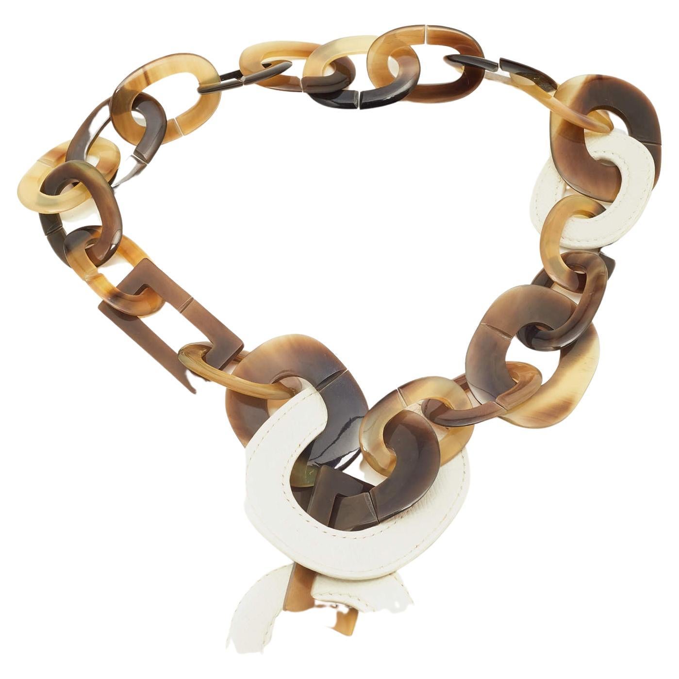 Hermes Brown Horn and White Leather Collar Necklace