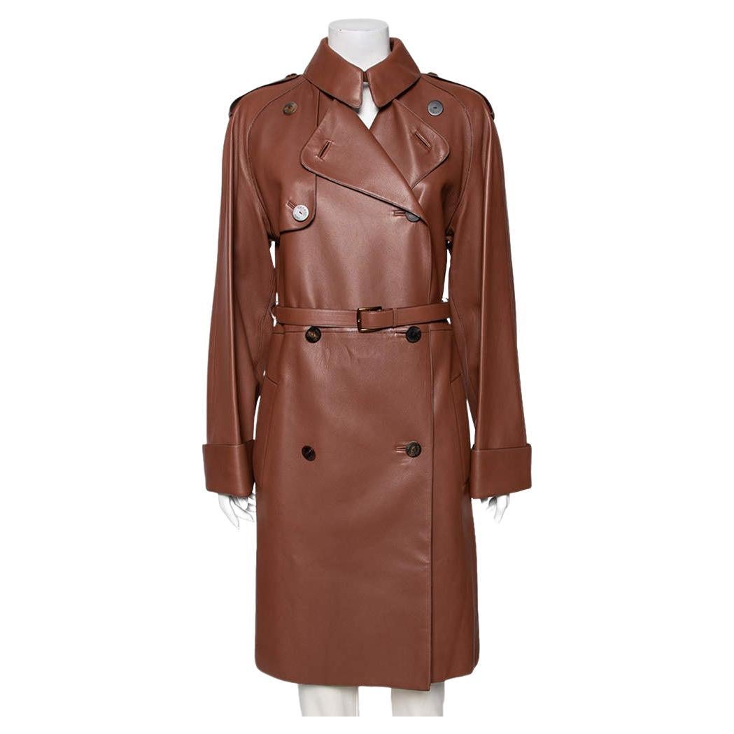 Hermès Brown Lambskin Leather Double Breasted Belted Coat M