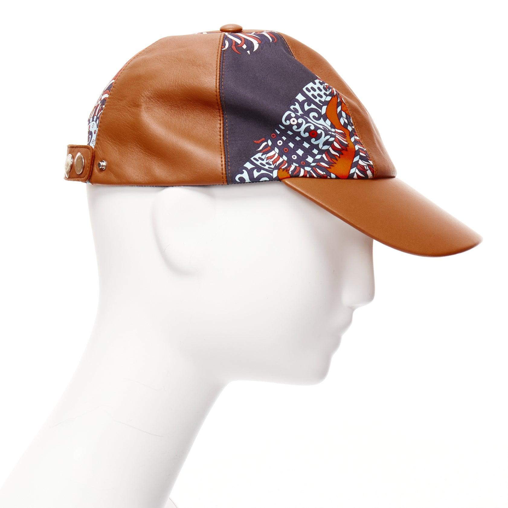 Women's HERMES brown lambskin leather navy orange cotton silk scarf patch cap 58cm For Sale