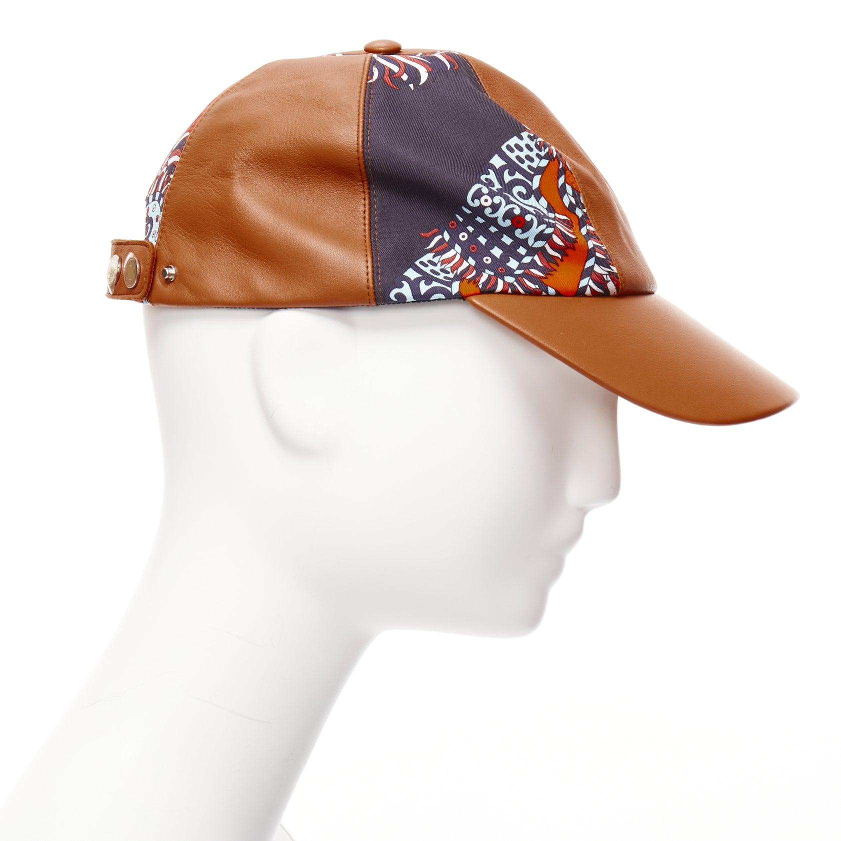 HERMES pelle d'agnello marrone arancione navy cotone seta sciarpa patch CAP 58cm In condizioni ottime in vendita a Hong Kong, NT
