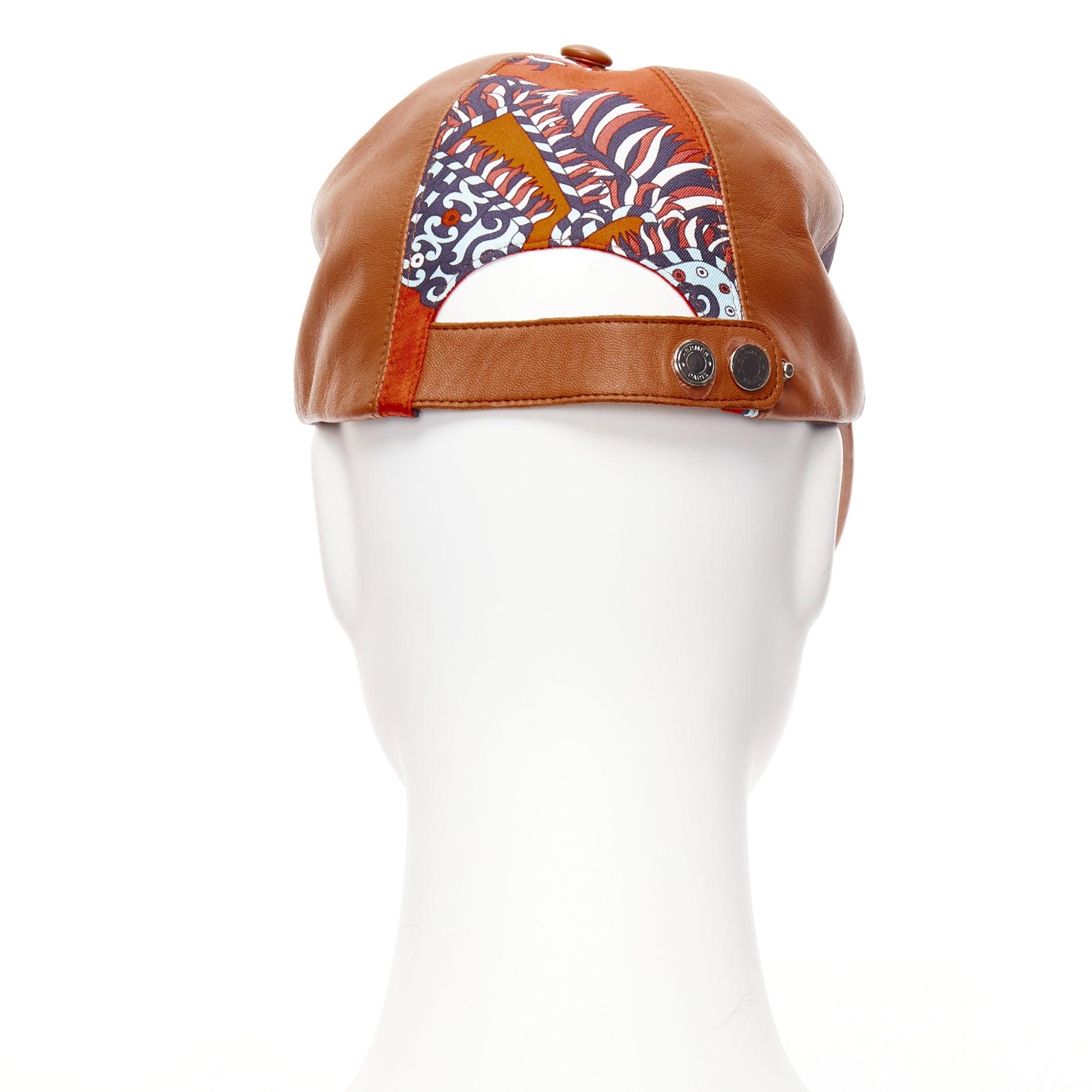 Donna HERMES pelle d'agnello marrone arancione navy cotone seta sciarpa patch CAP 58cm in vendita