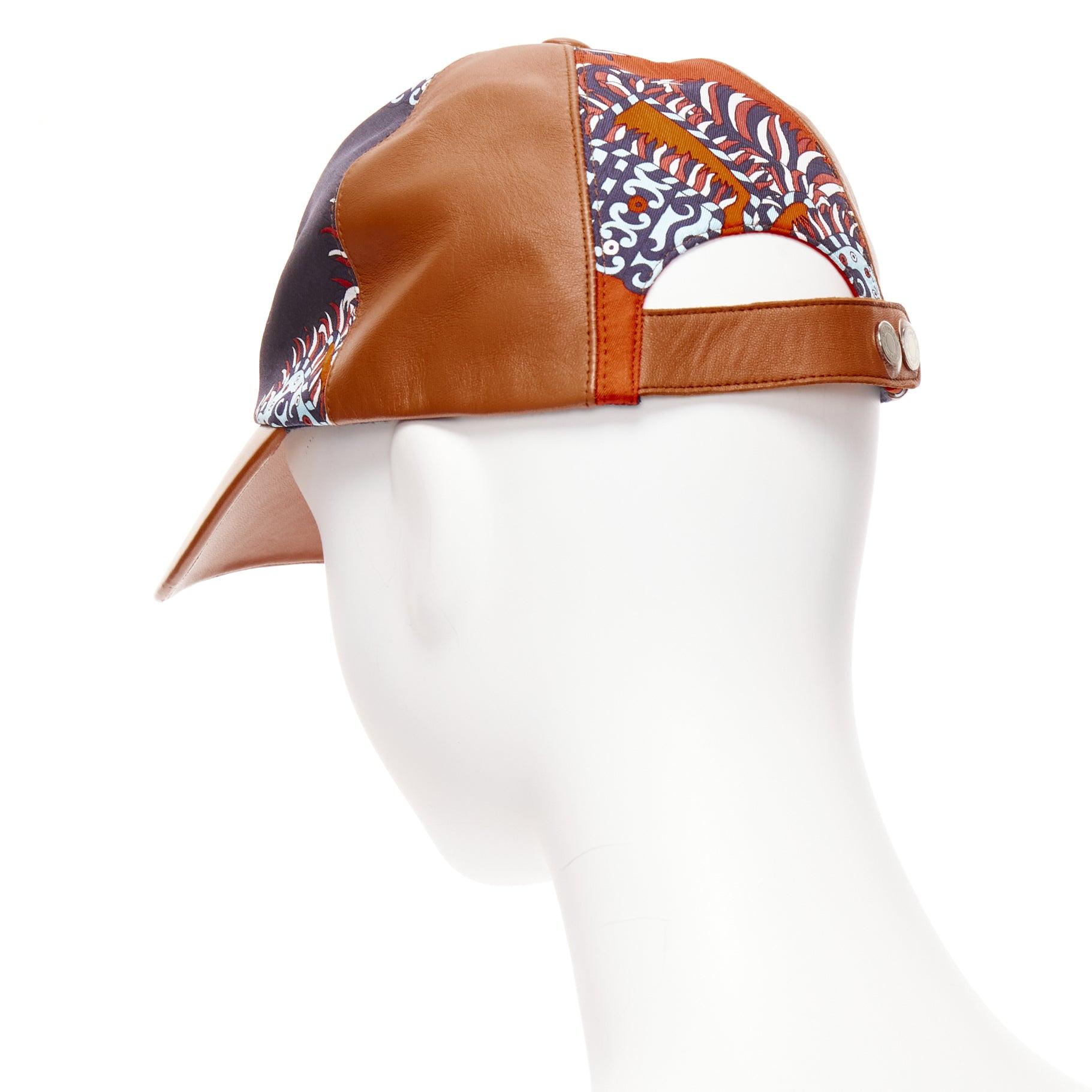 HERMES brown lambskin leather navy orange cotton silk scarf patch cap 58cm For Sale 2