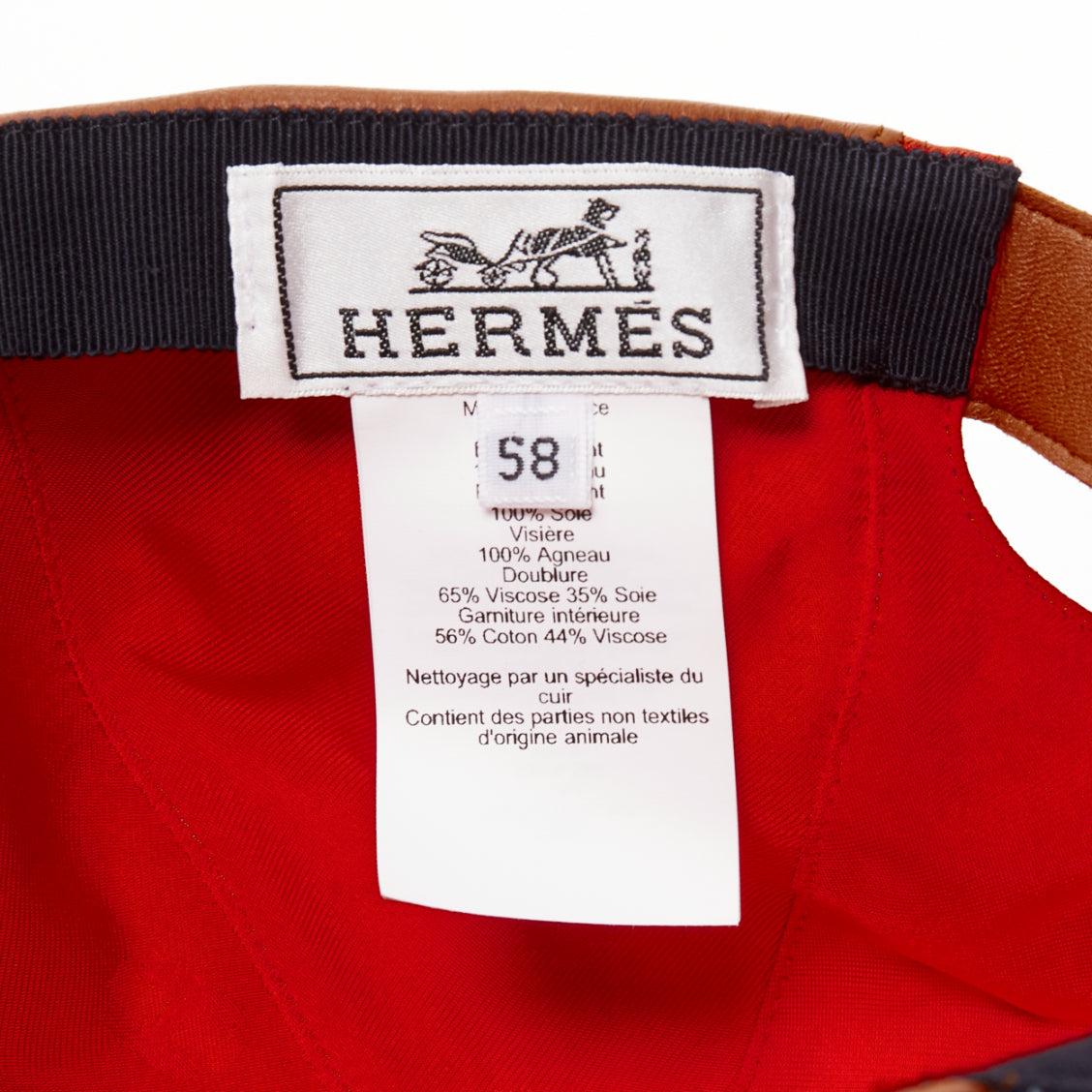 HERMES brown lambskin leather navy orange cotton silk scarf patch cap 58cm For Sale 4
