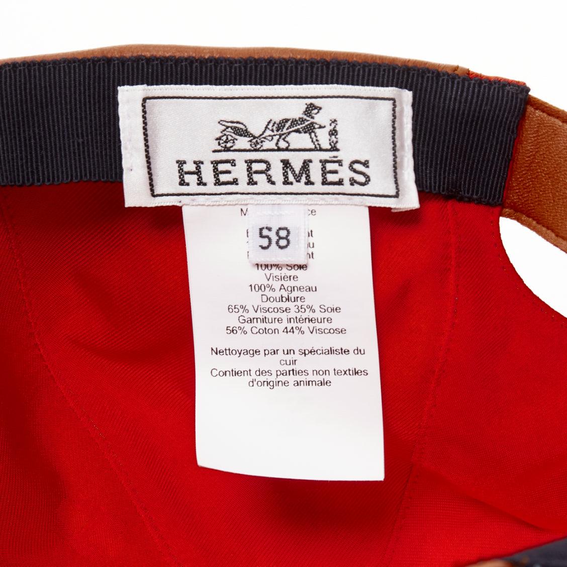 HERMES pelle d'agnello marrone arancione navy cotone seta sciarpa patch CAP 58cm in vendita 3