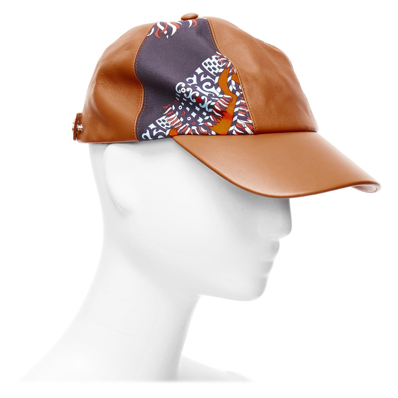 HERMES brown lambskin leather navy orange cotton silk scarf patch cap 58cm