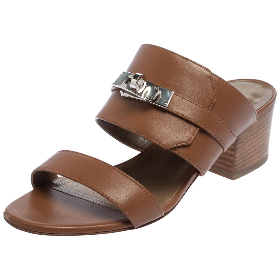 Hermes Brown Leather Avenue Slide Sandals Size 35
