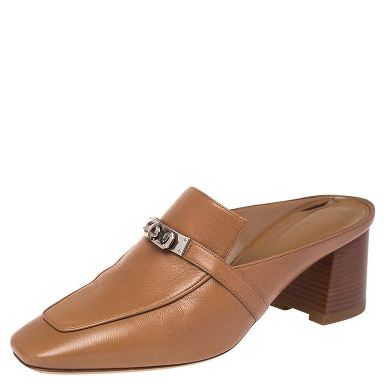 Hermes Brown Leather Blossom Mules Size 40.5 at 1stDibs