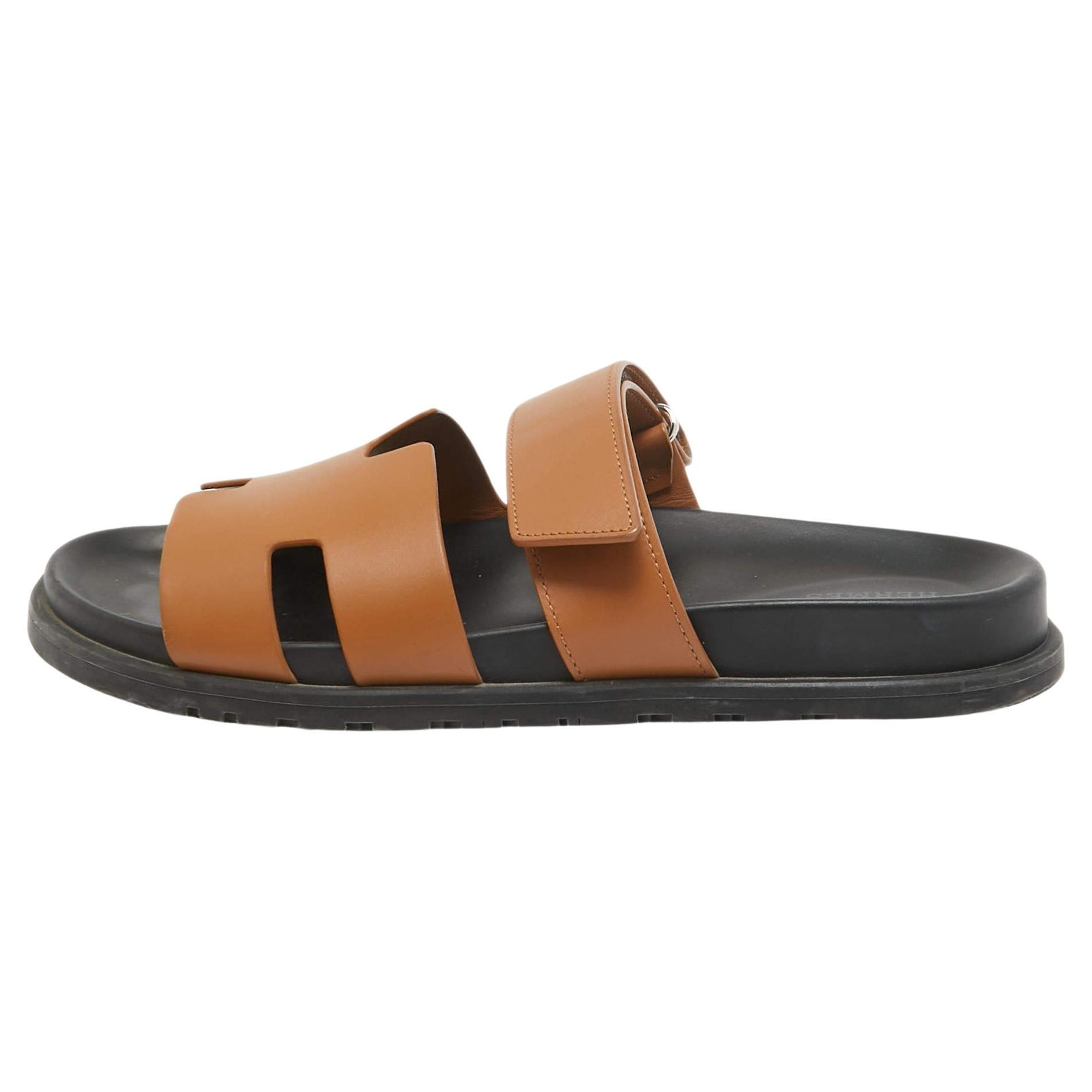 Hermes Brown Leather Chypre Sandals Size 41 For Sale