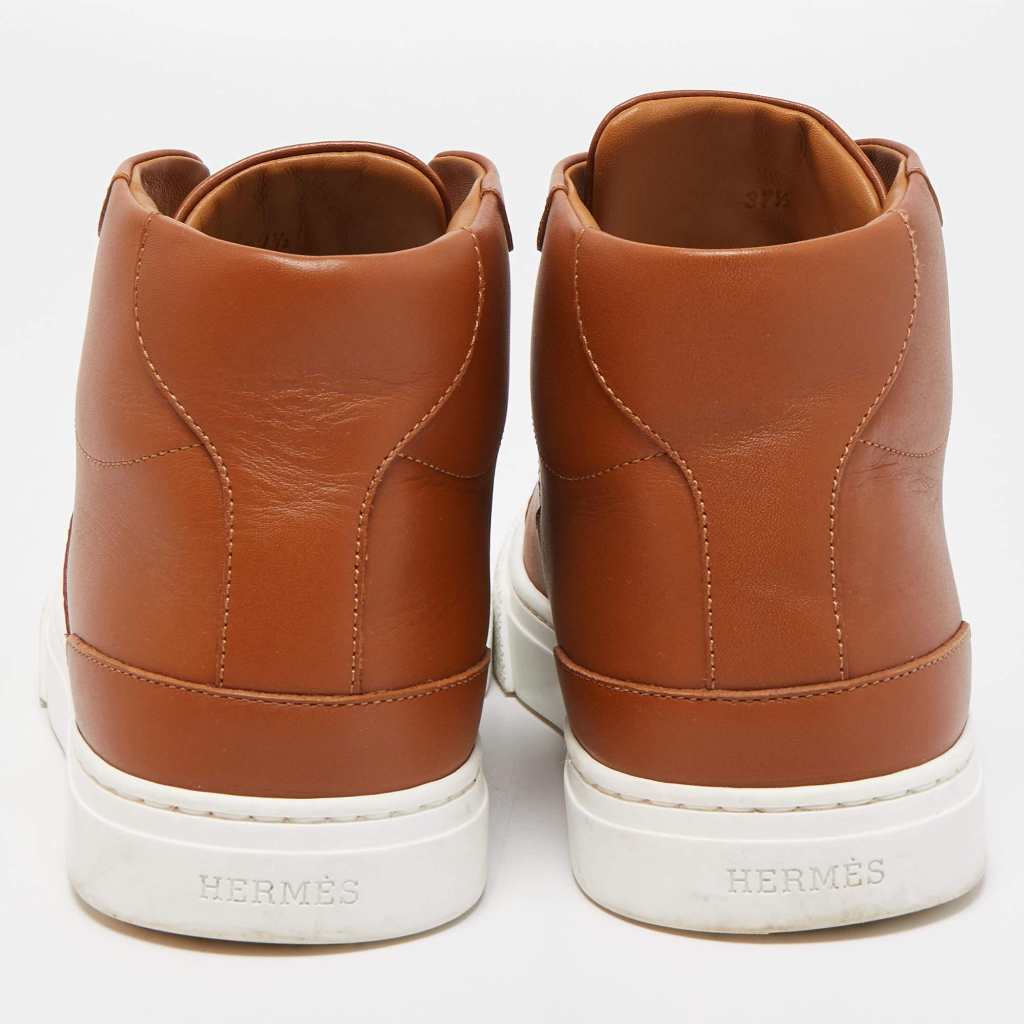 Hermes Brown Leather Daydream High Top Sneakers Size 37.5 In Good Condition In Dubai, Al Qouz 2