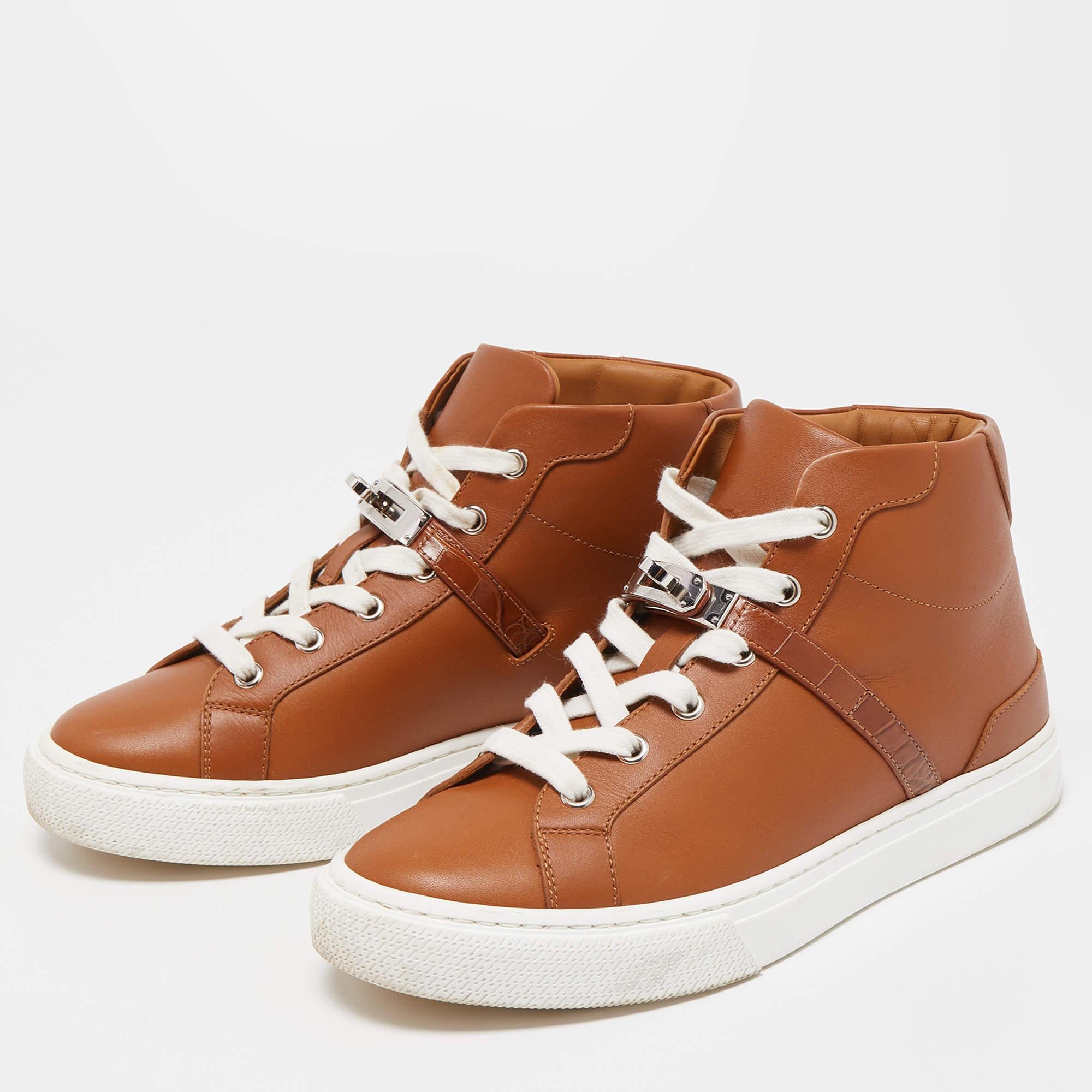 Women's Hermes Brown Leather Daydream High Top Sneakers Size 37.5