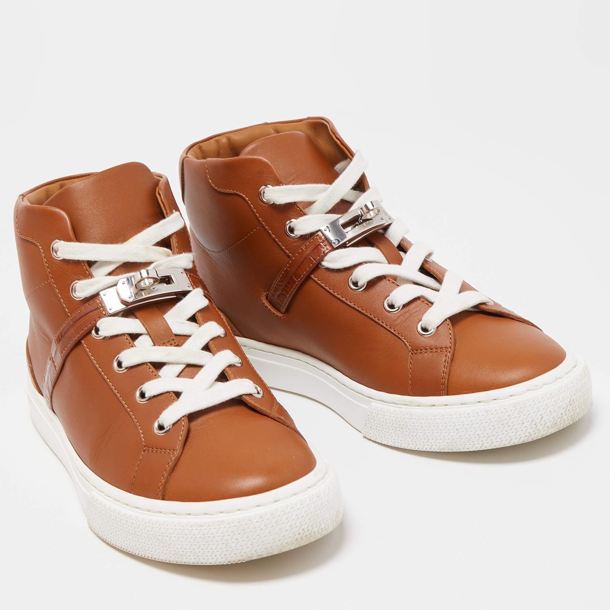 Hermes Brown Leather Daydream High Top Sneakers Size 37.5 1