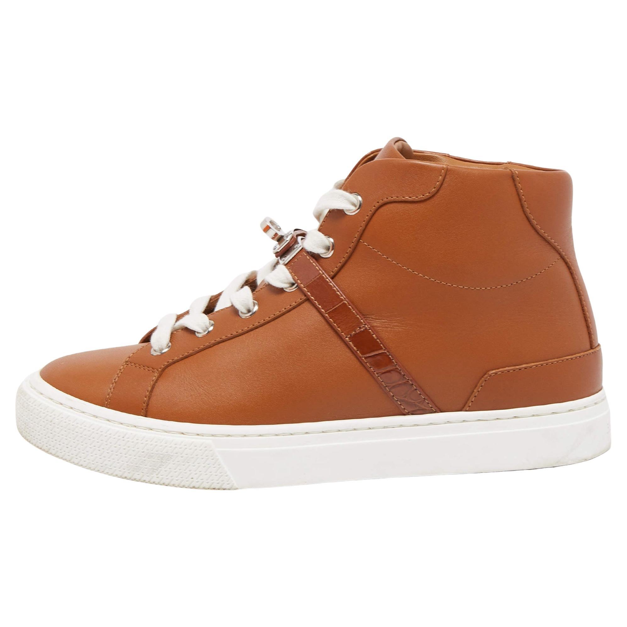 Hermes Brown Leather Daydream High Top Sneakers Size 37.5