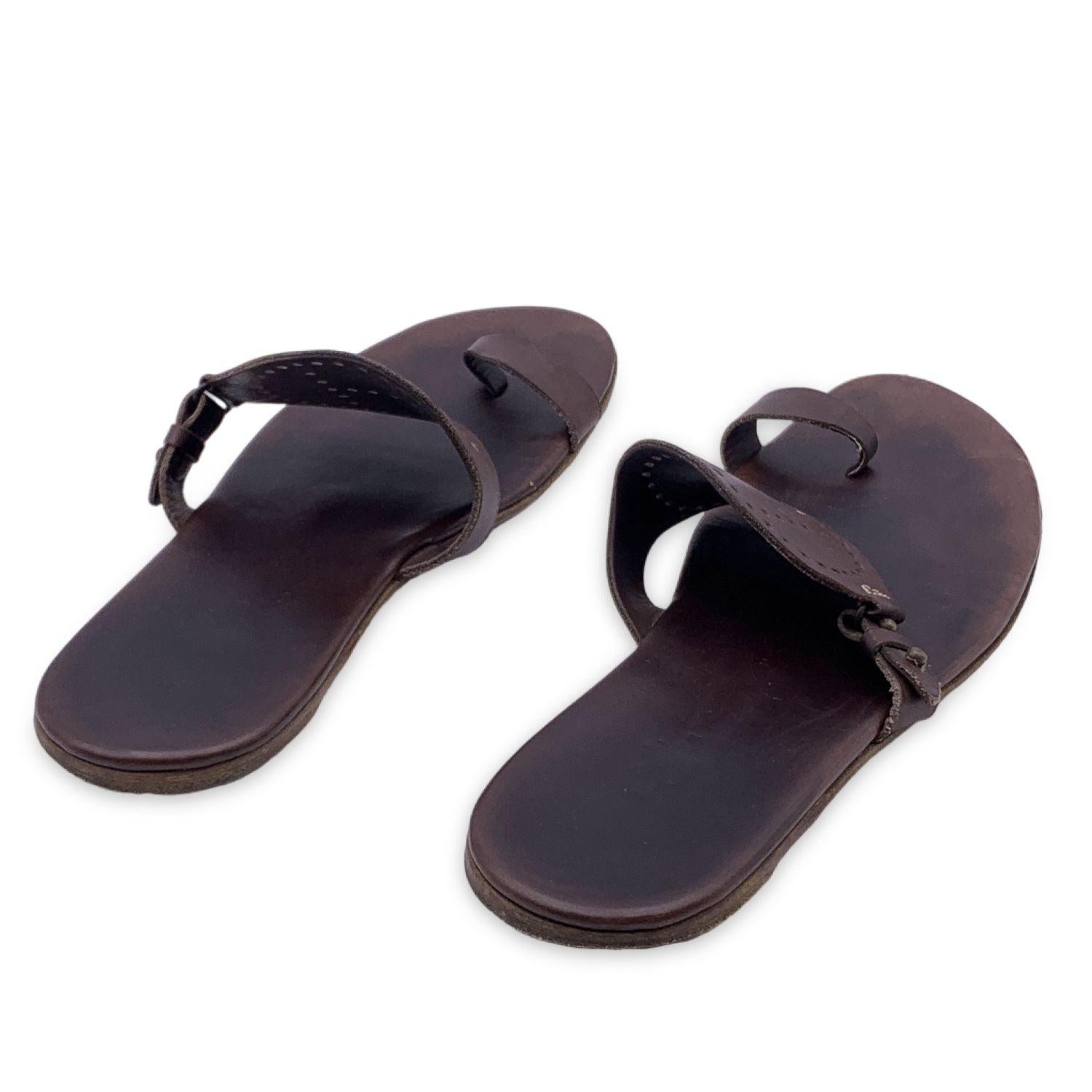 Black Hermes Brown Leather Evelyne Flat Sandals Shoes Size 44 For Sale