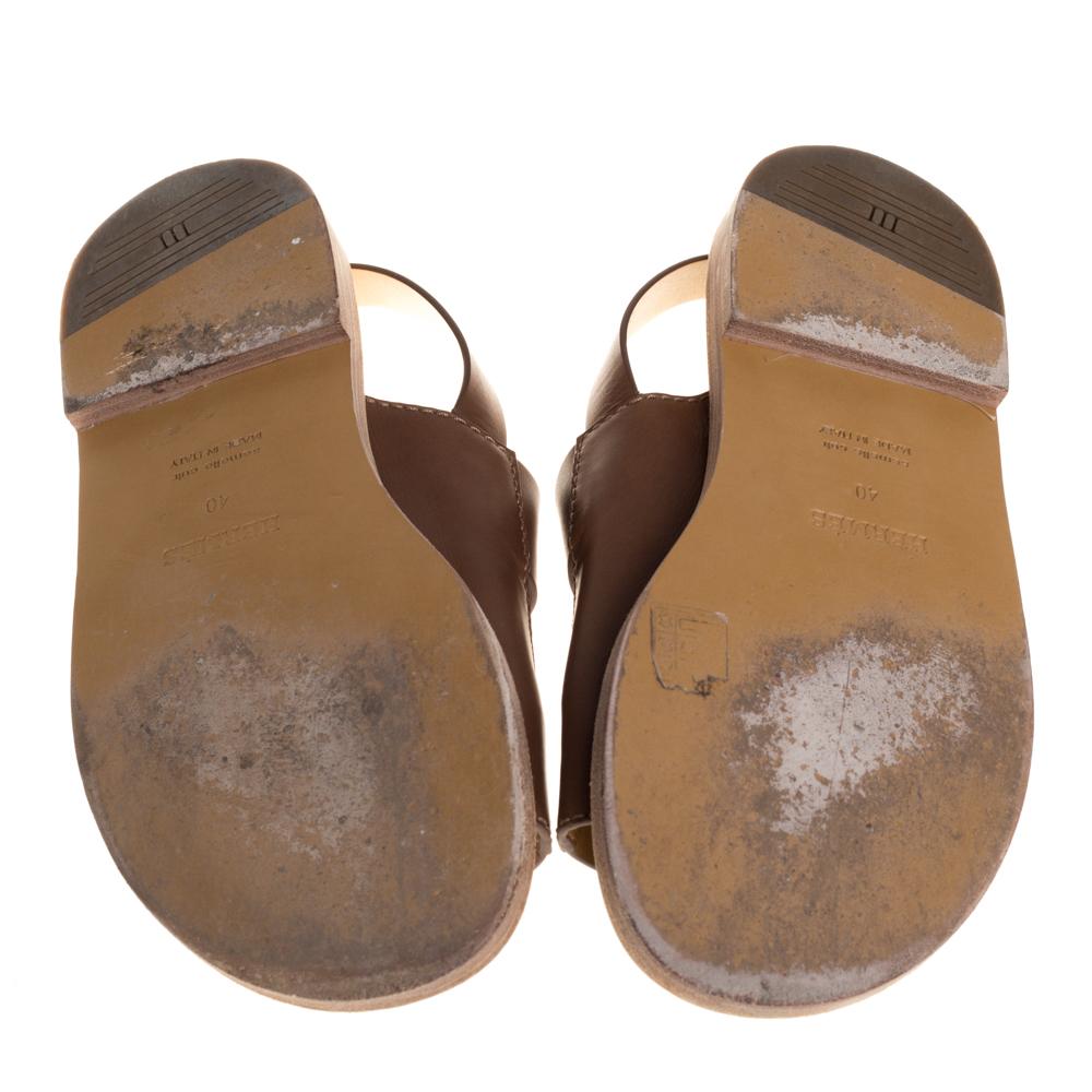 Hermes Brown Leather Flat Slingback Sandals Size 40 1