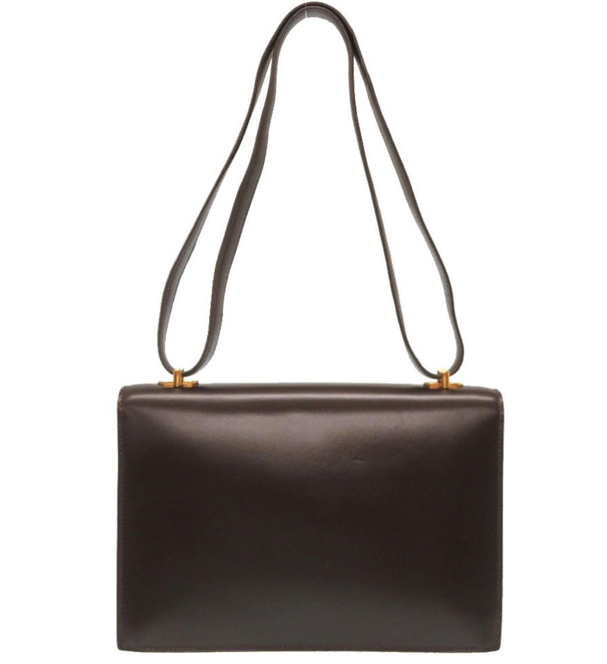 Black Hermes Brown Leather Gold Emblem Evening Top Handle Satchel Shoulder Flap Bag