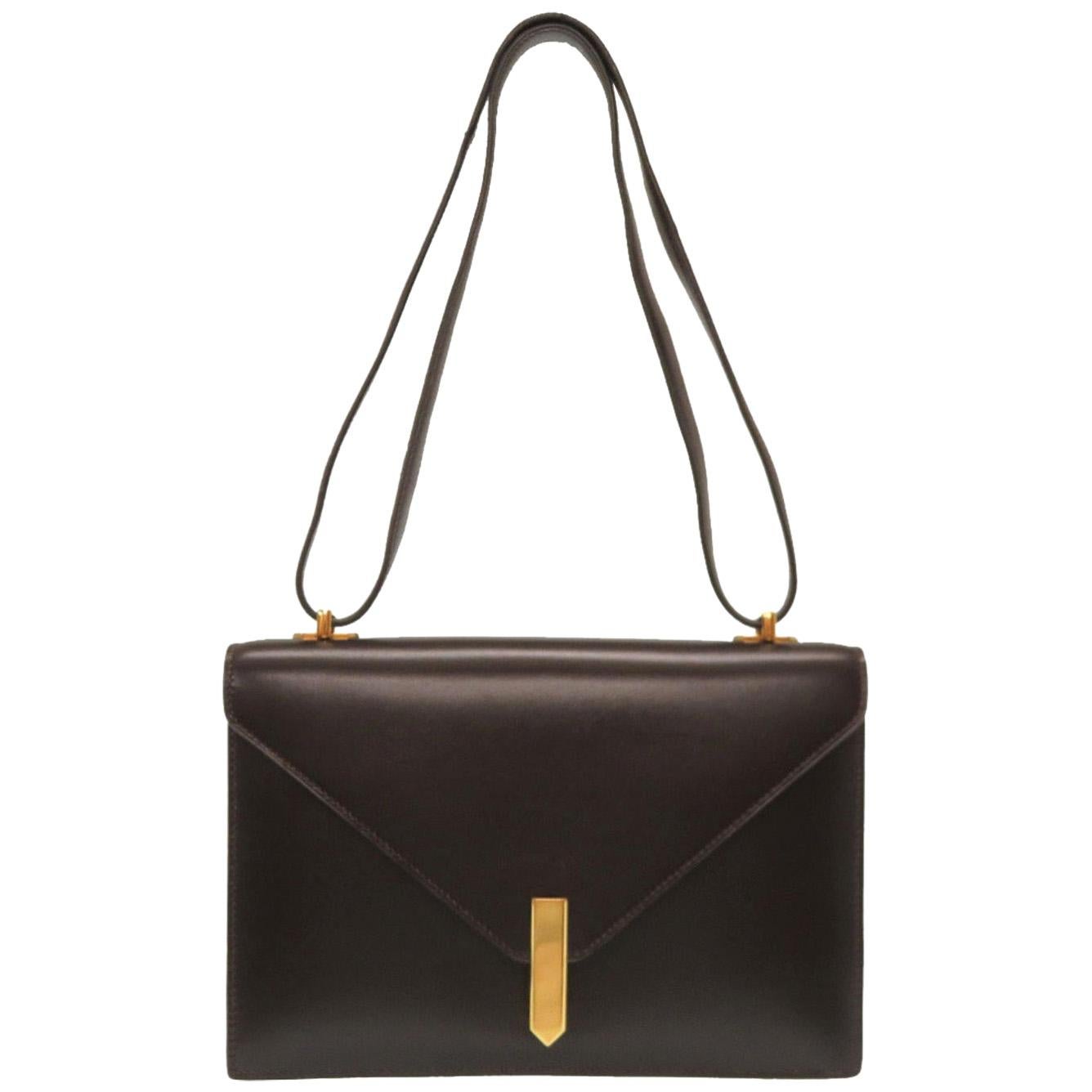 Hermes Brown Leather Gold Emblem Evening Top Handle Satchel Shoulder Flap Bag