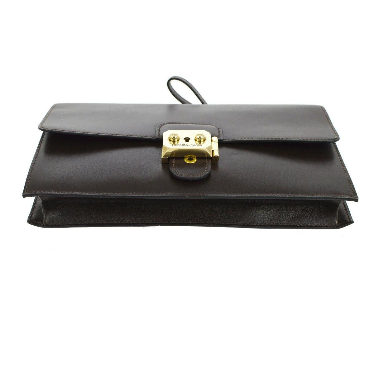 Black Hermes Brown Leather Gold Flip Lock Wristlet Evening Flap Clutch Bag with Keys