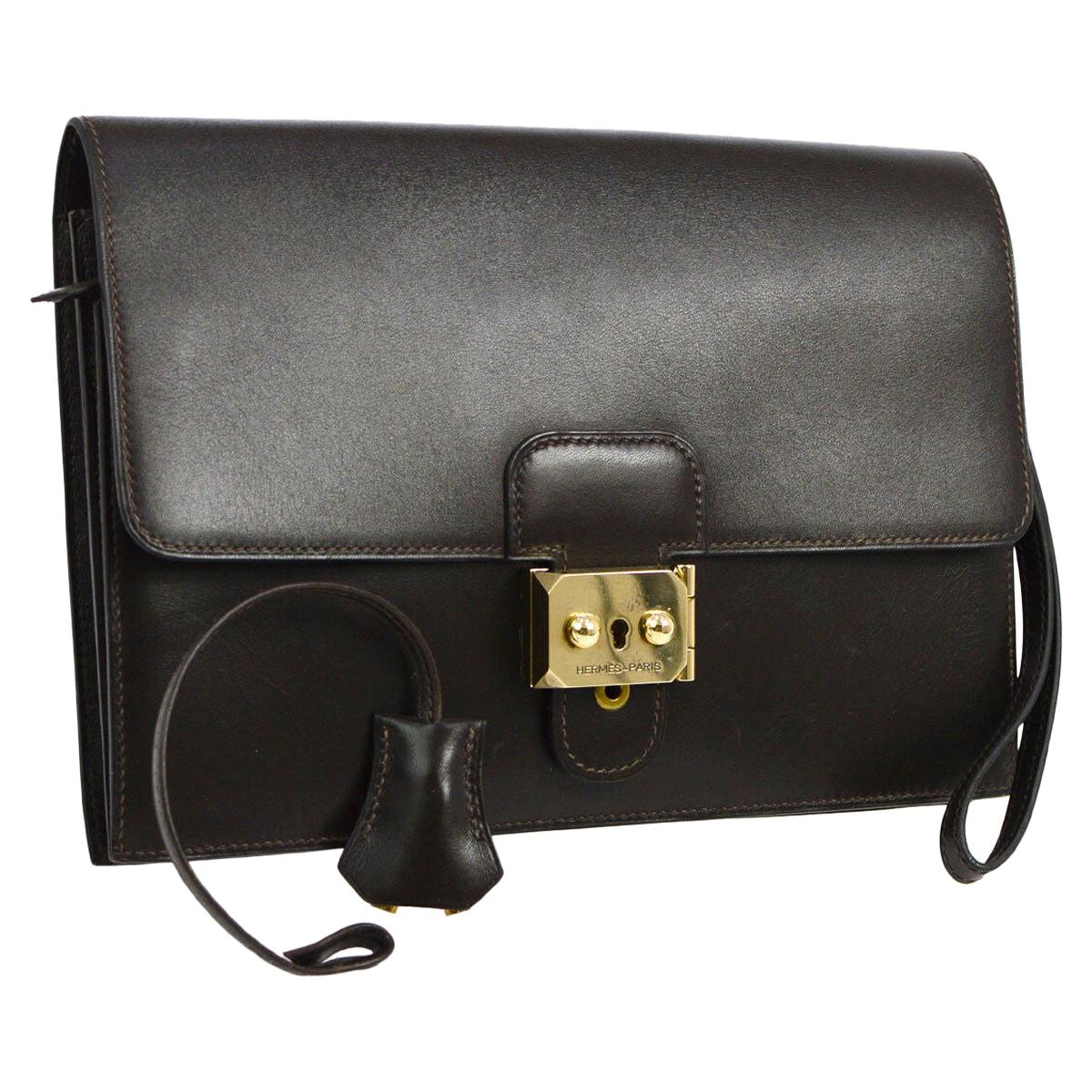 Hermes Brown Leather Gold Flip Lock Wristlet Evening Flap Clutch Bag with Keys