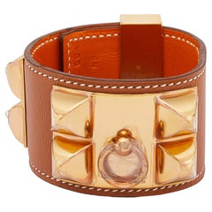 Hermès Brown Leather Gold Plated Collier de Chien Bracelet