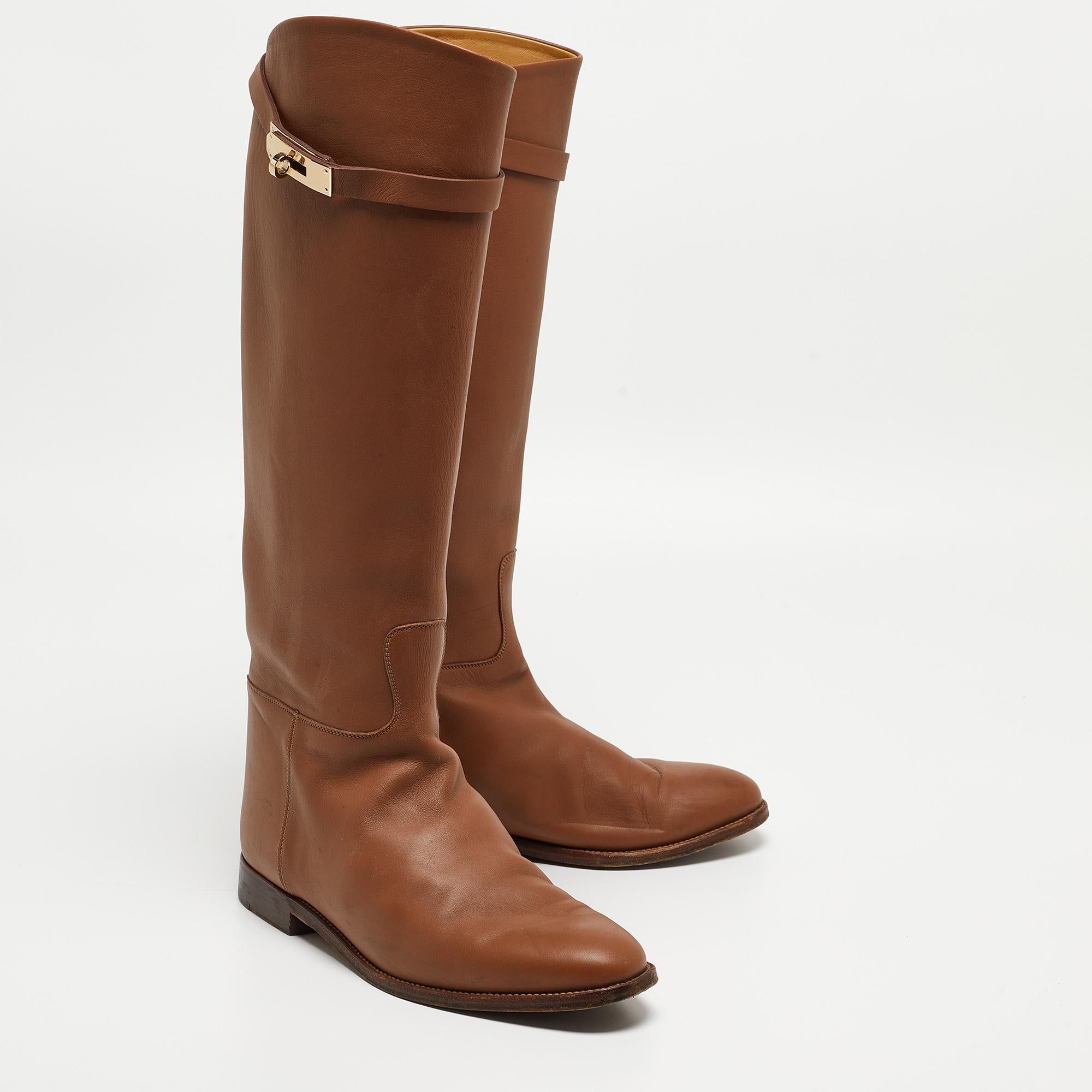 Women's Hermes Brown Leather H Jumping Knee Length Boots Size 39