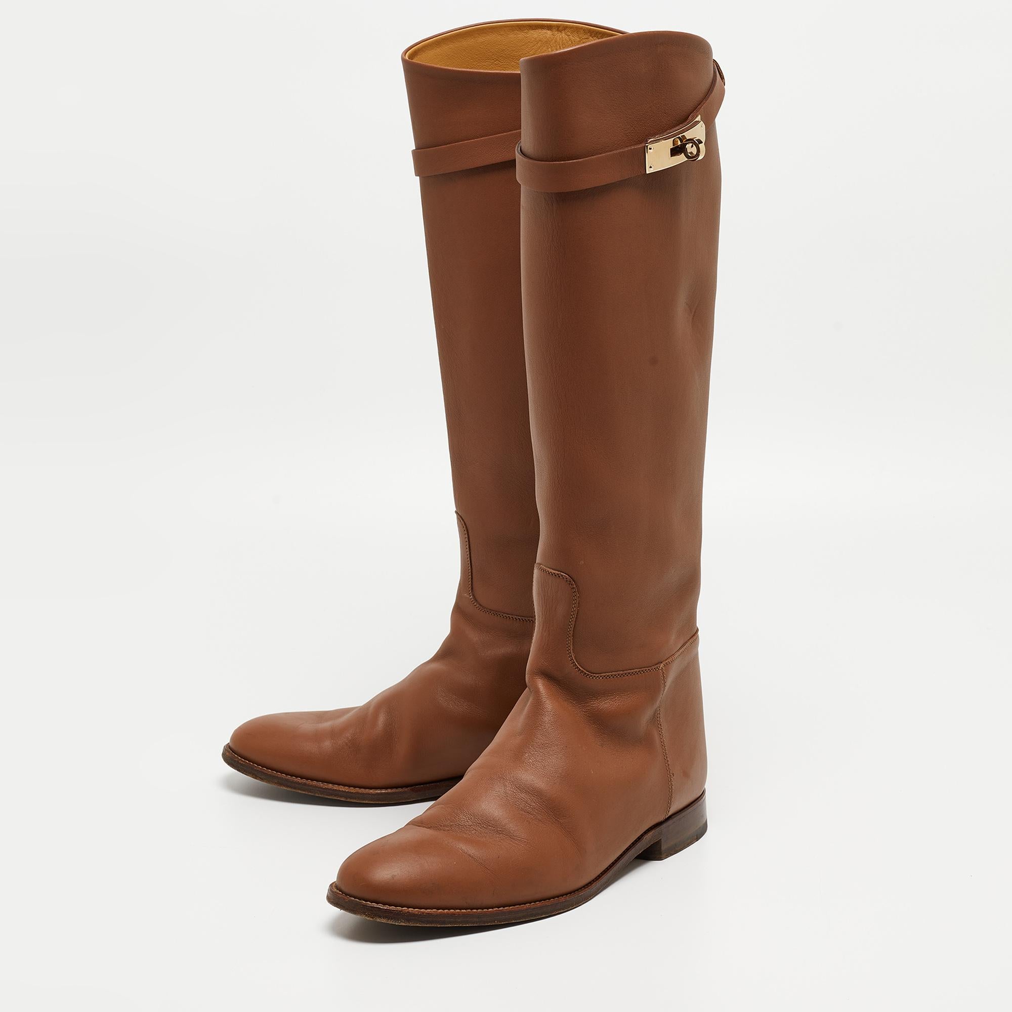 Hermes Brown Leather H Jumping Knee Length Boots Size 39 3