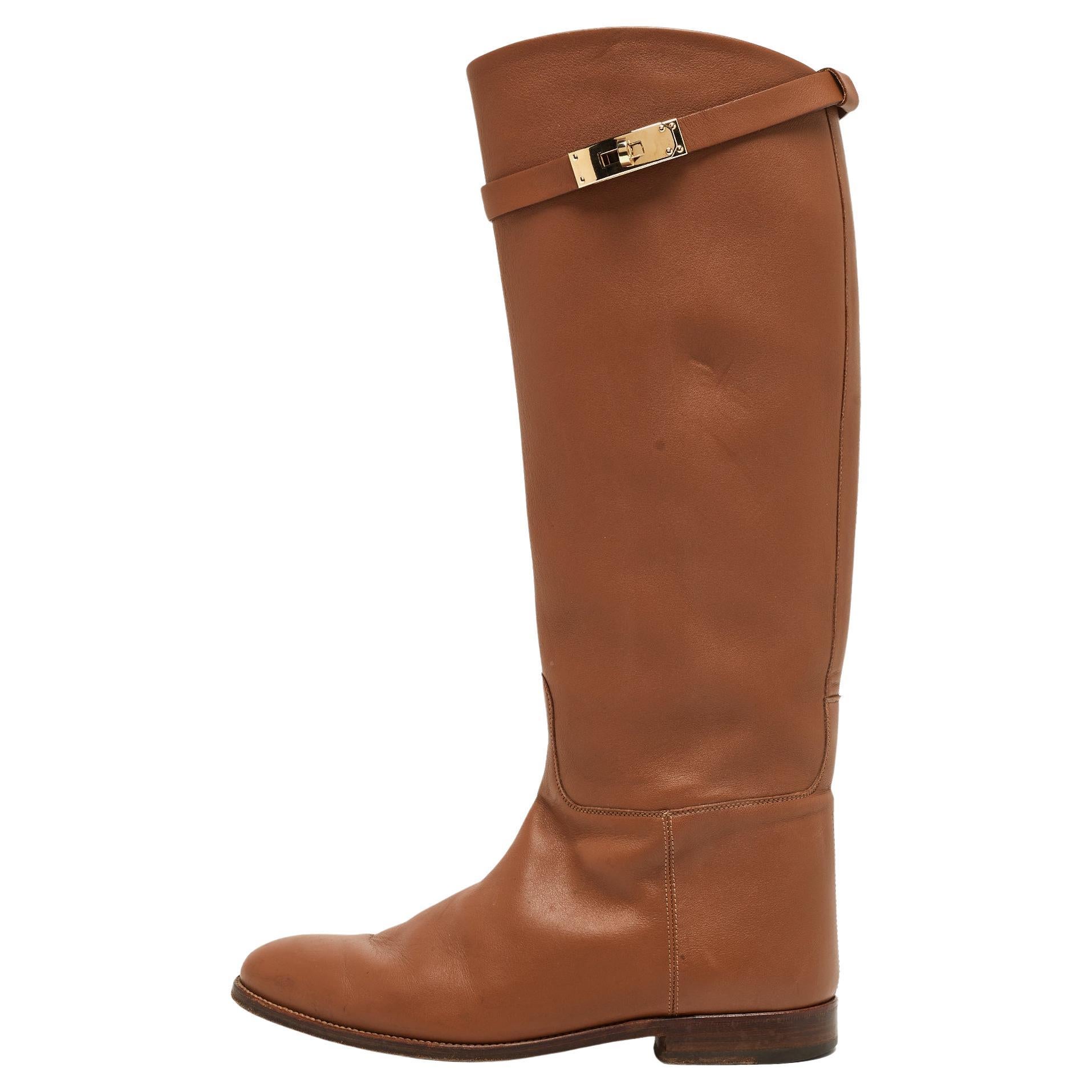 Hermes Brown Leather H Jumping Knee Length Boots Size 39