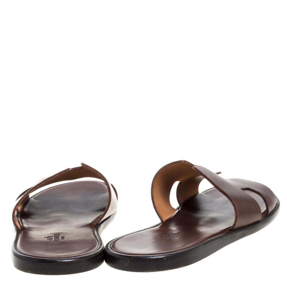 Black Hermes Brown Leather Izmir Flat Slides Size 42.5