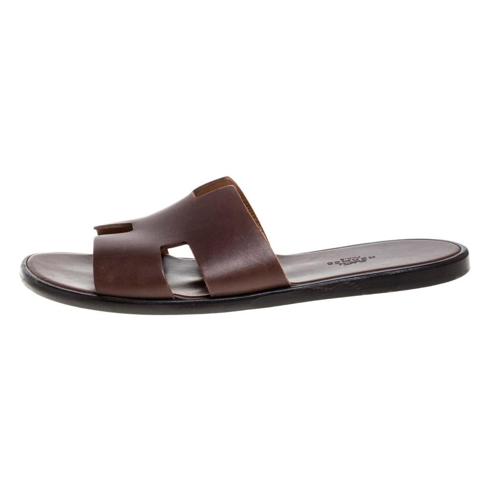 Hermes Brown Leather Izmir Flat Slides Size 42.5