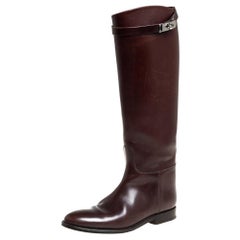 Used Hermes Brown Leather Jumping Knee Length Boots Size 38