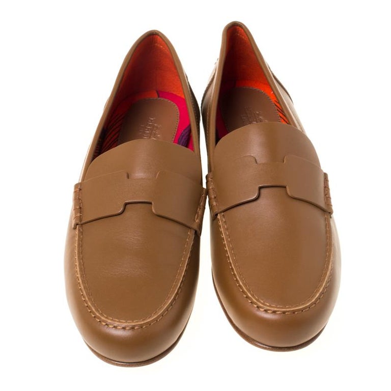 Hermes Brown Leather Kennedy Loafers Size 39 For Sale at