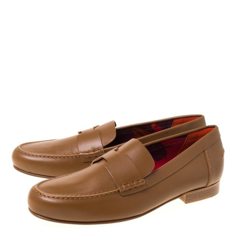Hermes Brown Leather Kennedy Loafers Size 39 For Sale at 1stDibs