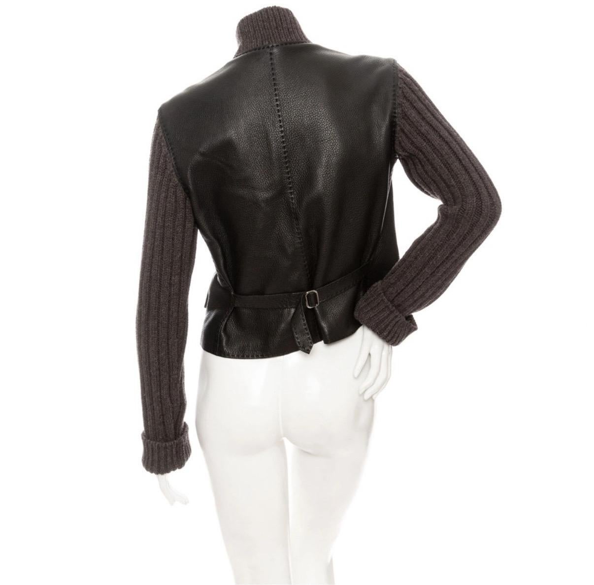 Black Hermès Brown Leather Knit Sleeve Biker Jacket For Sale