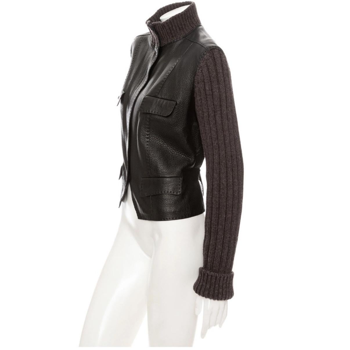 Hermès Brown Leather Knit Sleeve Biker Jacket In Good Condition For Sale In Woodland Hills, CA