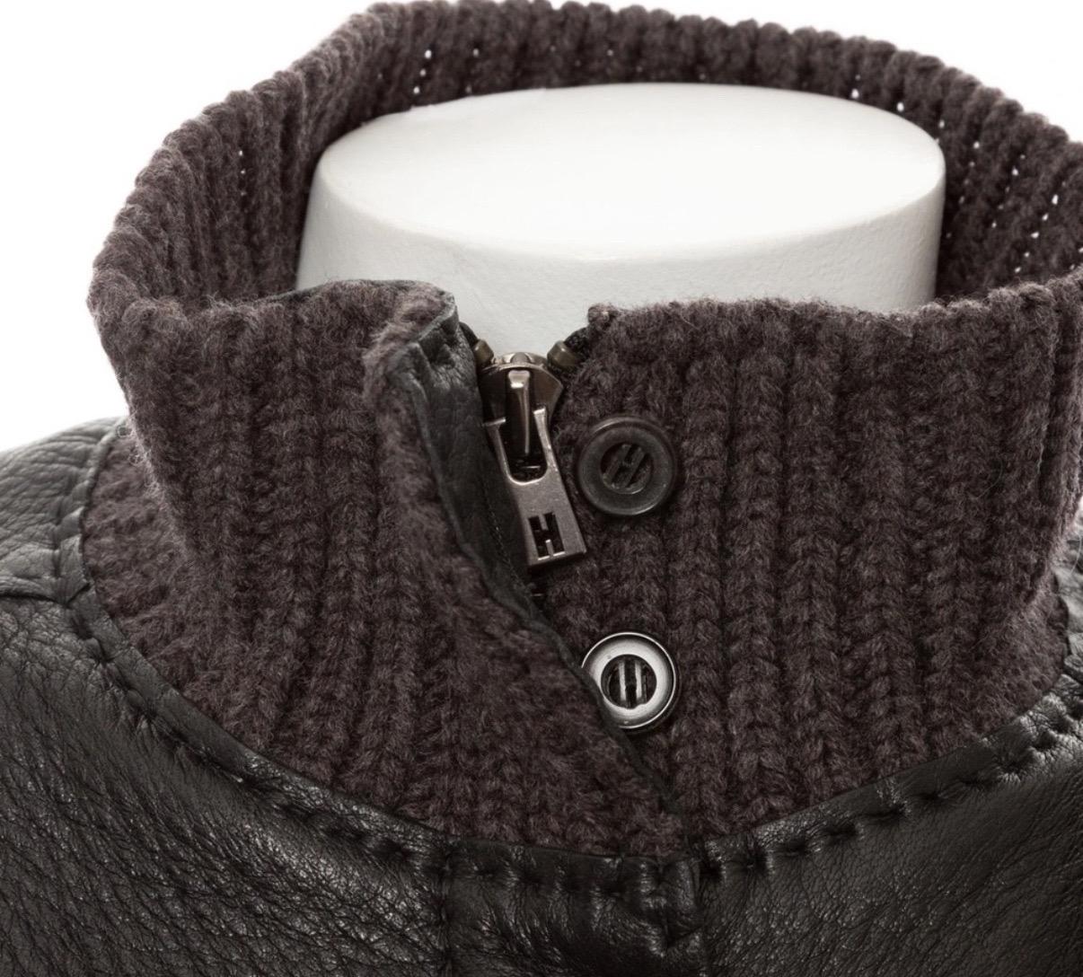Women's Hermès Brown Leather Knit Sleeve Biker Jacket For Sale