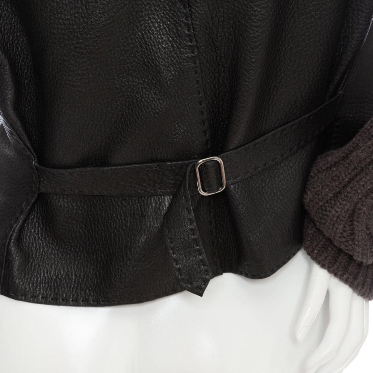 Hermès Brown Leather Knit Sleeve Biker Jacket For Sale 2