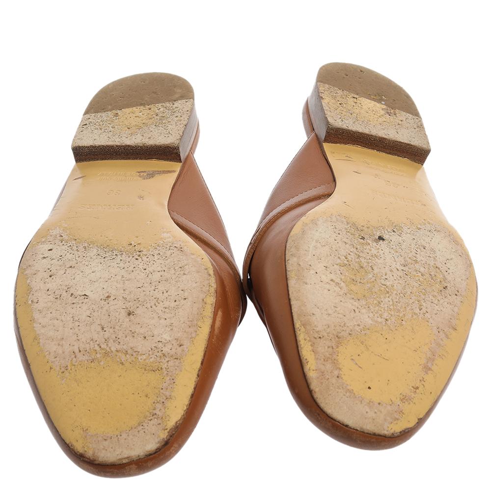 Hermes Brown Leather Leather Palladium Plated Oz Mules Size 36 In Good Condition In Dubai, Al Qouz 2