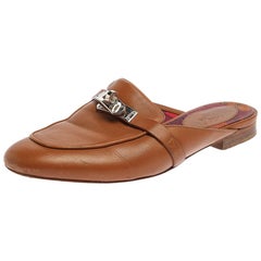 Hermes Brown Leather Leather Palladium Plated Oz Mules Size 36