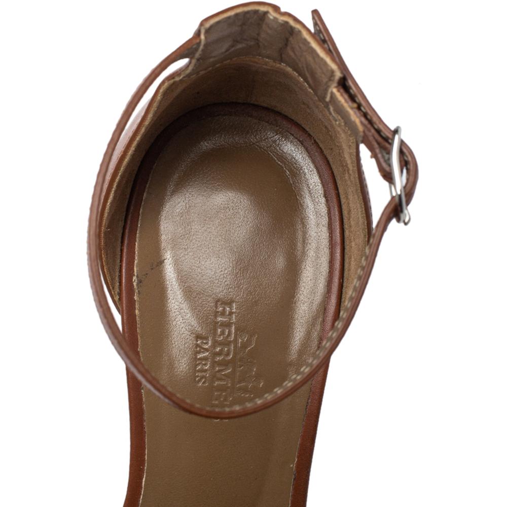 Hermes Brown Leather Legend Ankle Strap Wedge Sandals Size 37 In Good Condition In Dubai, Al Qouz 2