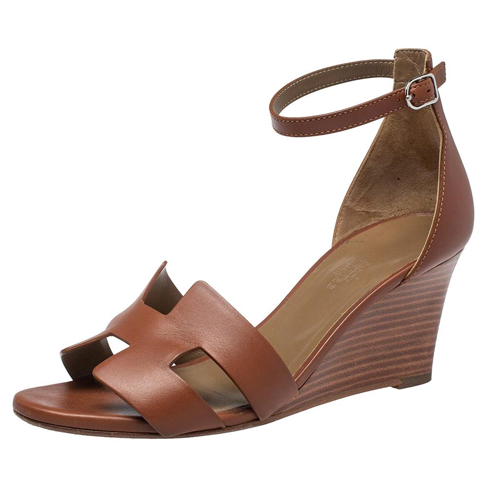 Hermes Brown Leather Legend Ankle Strap Wedge Sandals Size 37