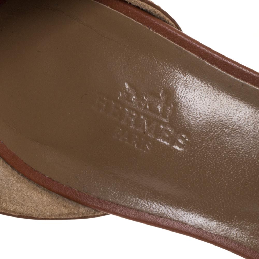 Hermes Brown Leather Legend Ankle Strap Wedge Sandals Size 38 In Good Condition In Dubai, Al Qouz 2