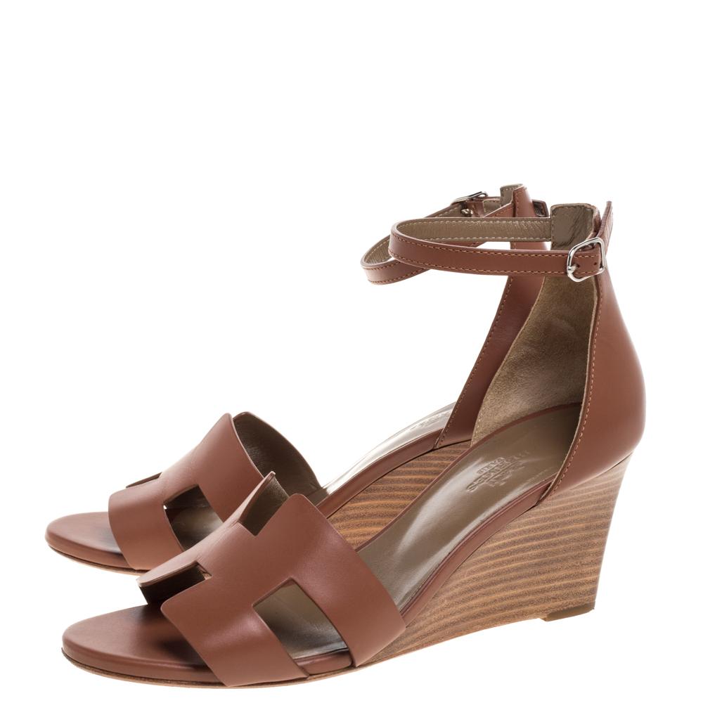 Women's Hermes Brown Leather Legend Ankle Strap Wedge Sandals Size 38