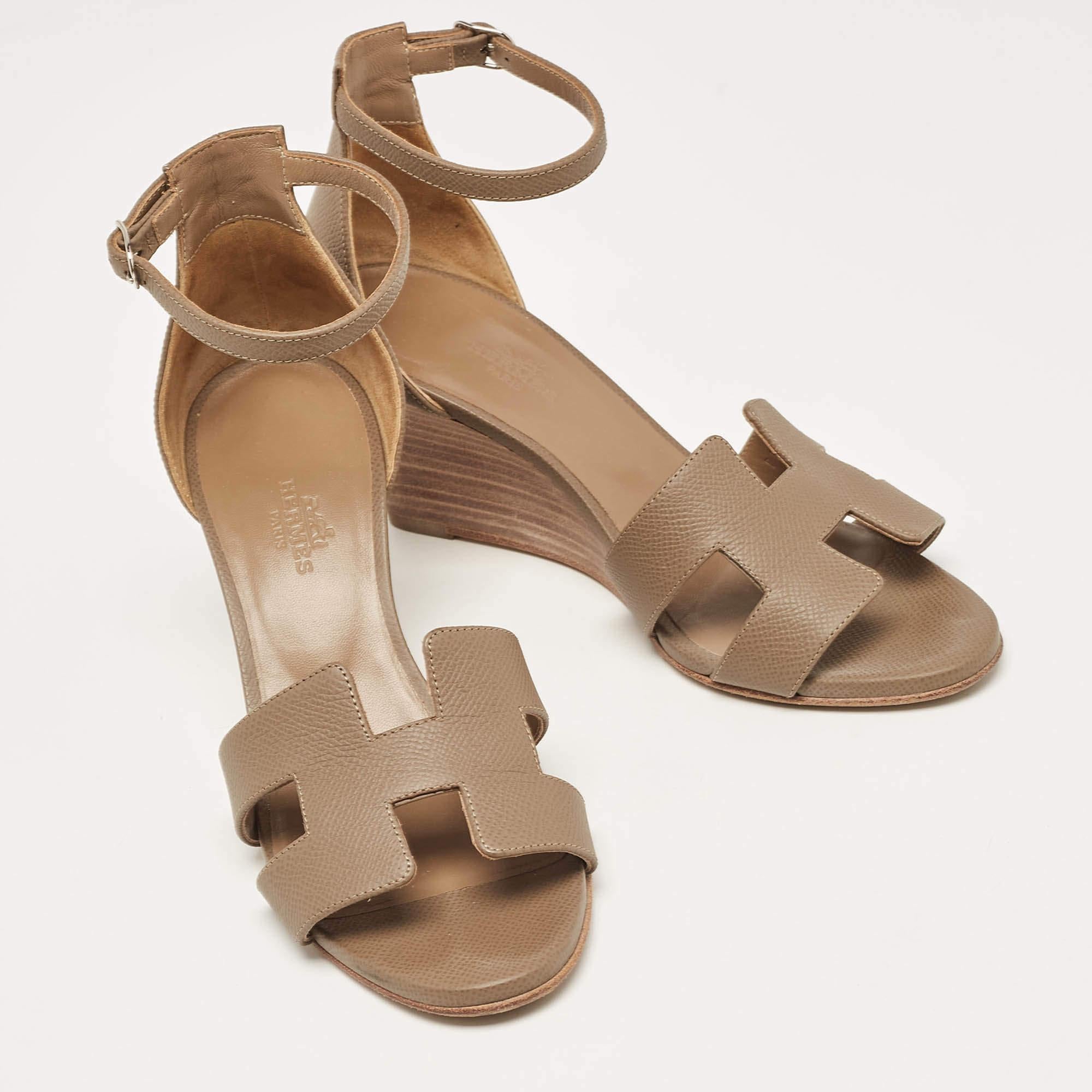Hermes Brown Leather Legend Wedge Sandals Size 37 2