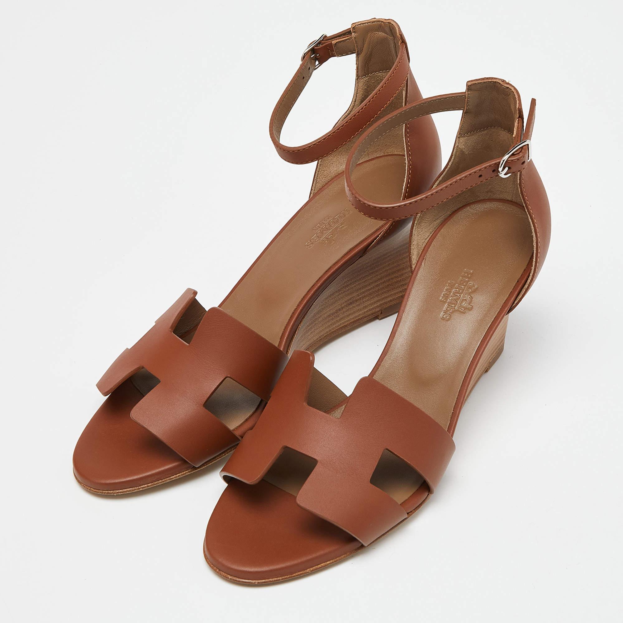 Hermes Brown Leather Legend Wedge Sandals Size 38 1