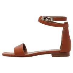 Hermes Brown Leather Manege Ankle Strap Flat Sandals Size 39