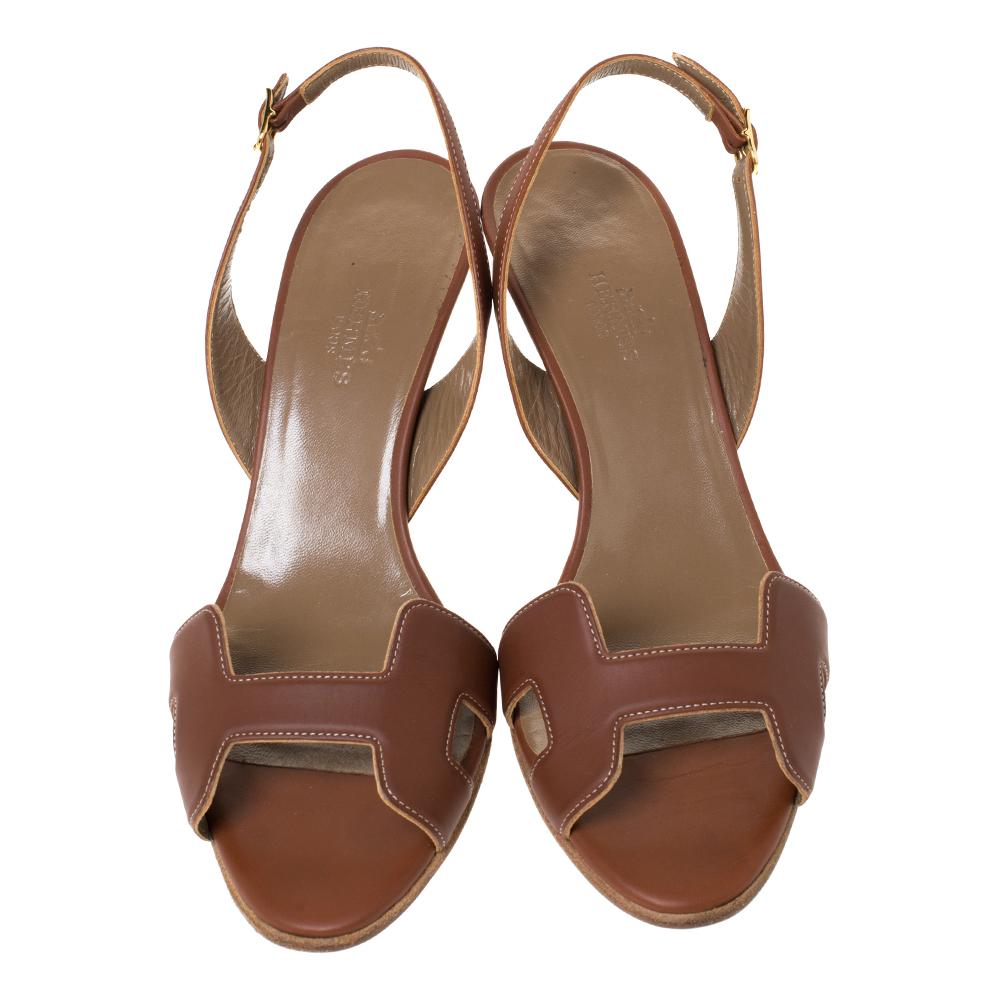 Hermes Brown Leather Night Slingback Sandals Size 37.5 In Good Condition In Dubai, Al Qouz 2